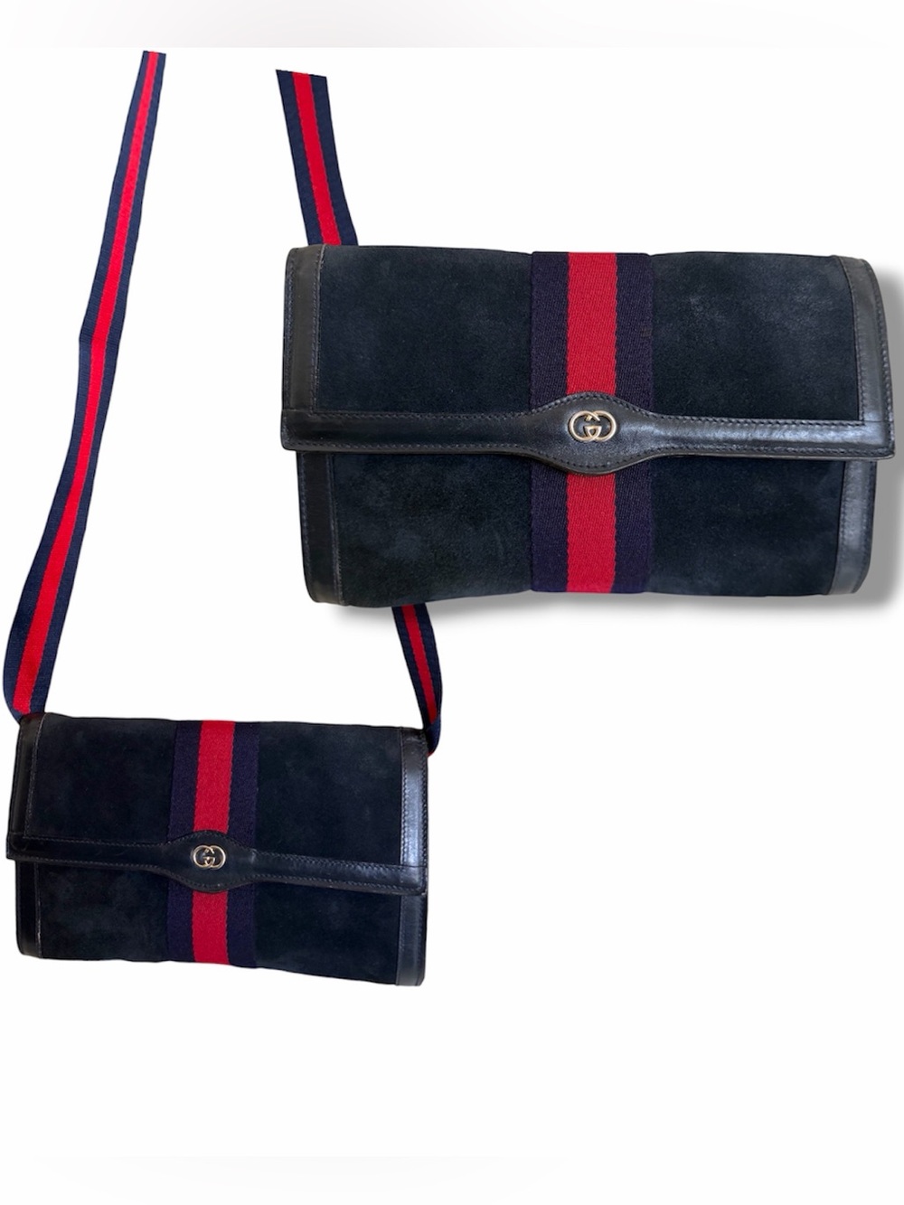 GUCCI Sherry Line Clutch Bag Suede Navy Red & Strap
